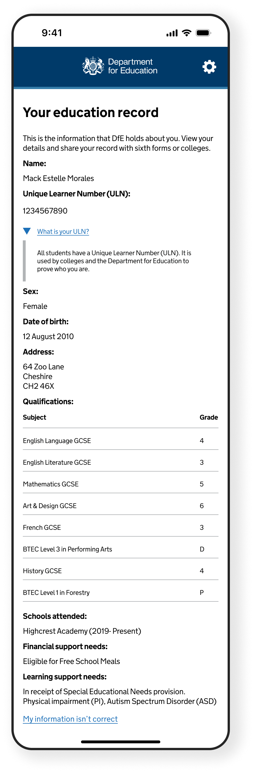 A screenshot showing an example education record